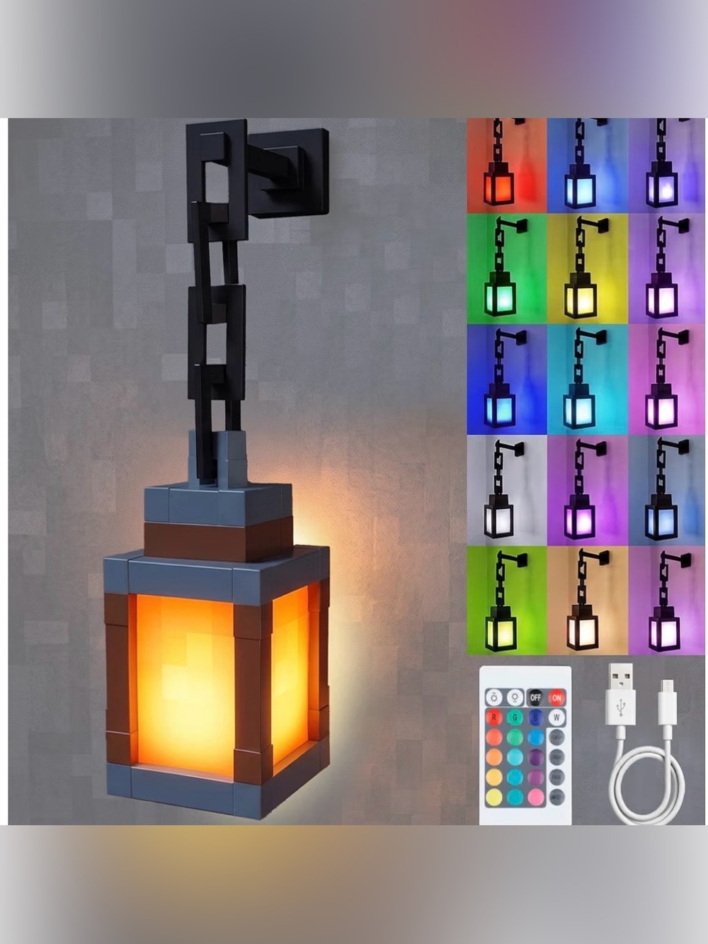 Pixelated Hanging Lantern Night Light – 16 Color RGB Remote Control – Brand New